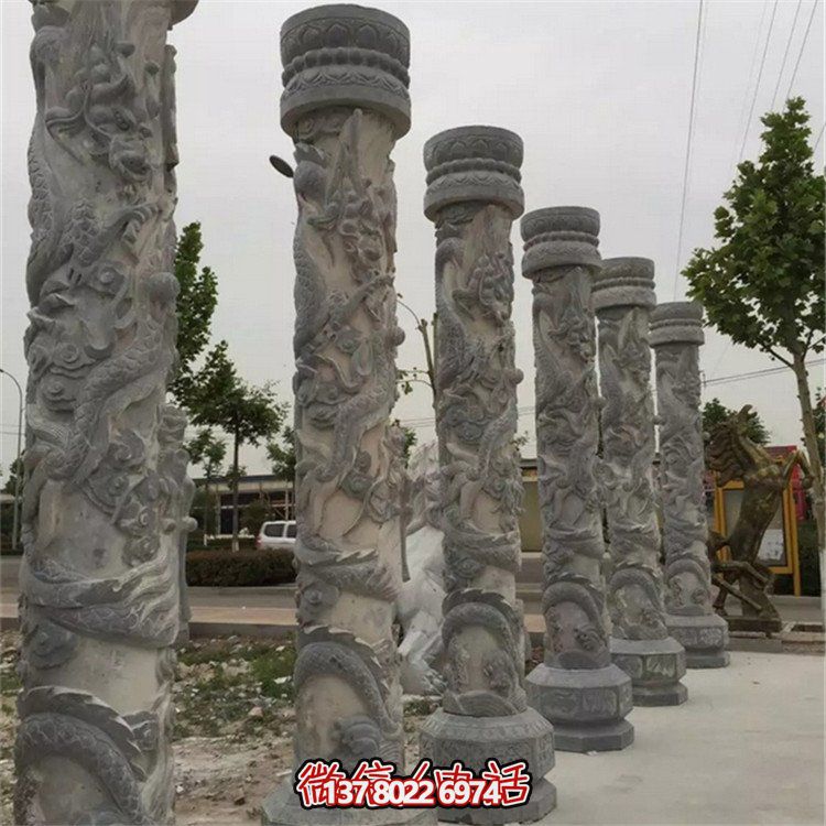 天然大理石浮雕龍盤柱，裝飾園林廣場的精美擺件