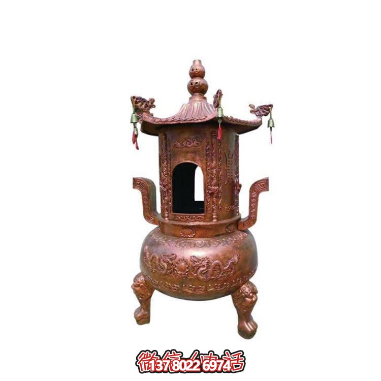 純銅香爐四柱舍利塔，裝飾寺院舍利